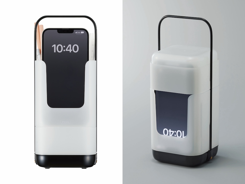 上部ケース内のくぼみは、スマートフォンスタンドになる