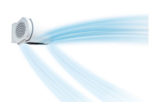 冷房時は風を直接身体に当てずに天井方向へ送る「センター気流」と左右の「デュアルブラスター」が冷気を循環させる