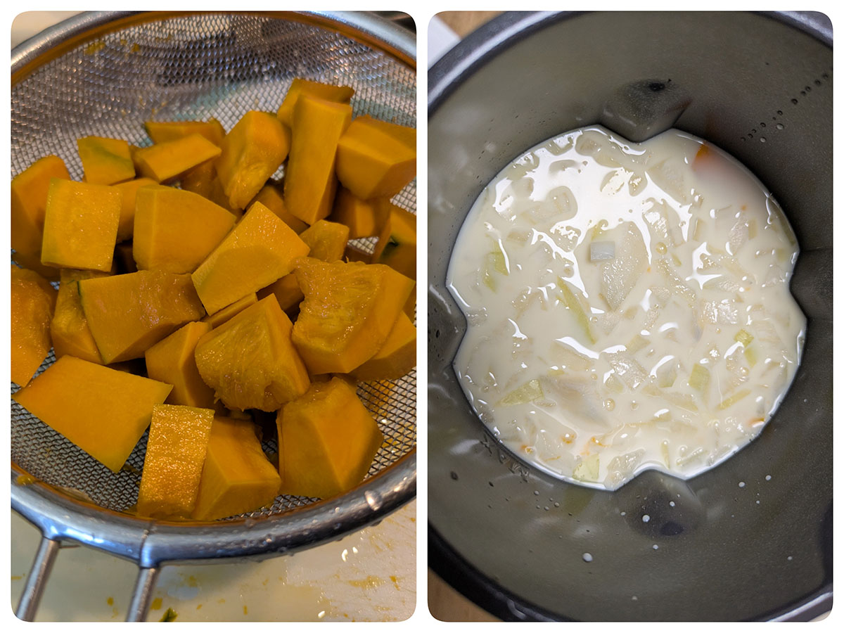 皮を剥いて細かくカットしたカボチャと玉ねぎ、水、牛乳、バター、塩を入れて後はスイッチを押すだけ