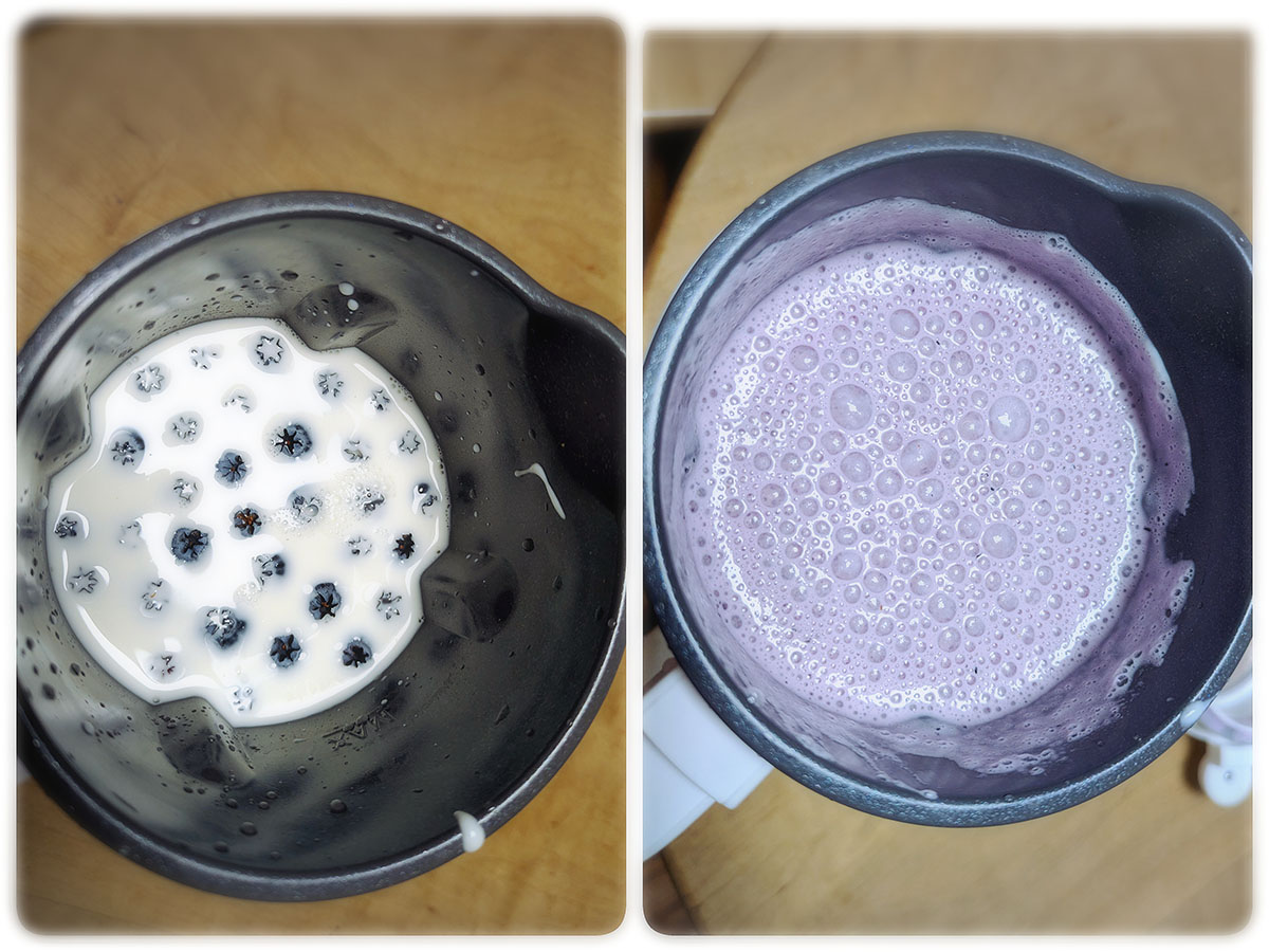 ブルーベリーのヨーグルトスムージー。ブルーベリーにヨーグルト、牛乳、氷を入れただけのごくシンプルなもの