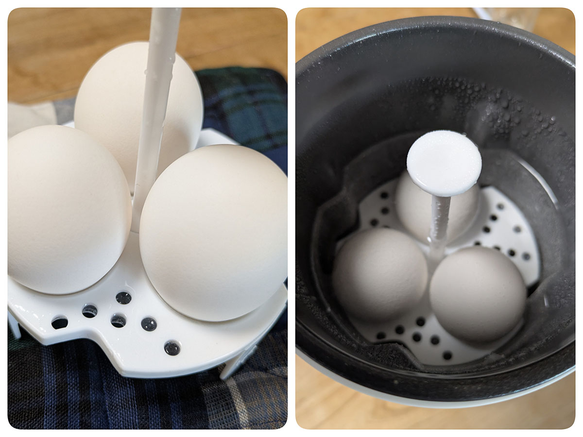 付属のエッグスタンドを使って、最大3つまでの調理が可能