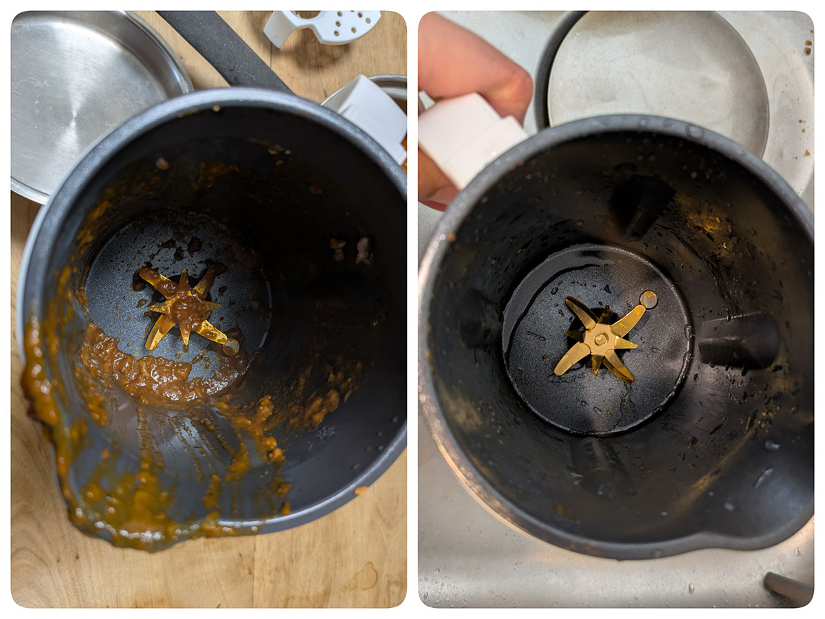 カレーを作った後の本体(左)、水ですぐに流すとある程度の汚れは落ちる(右)