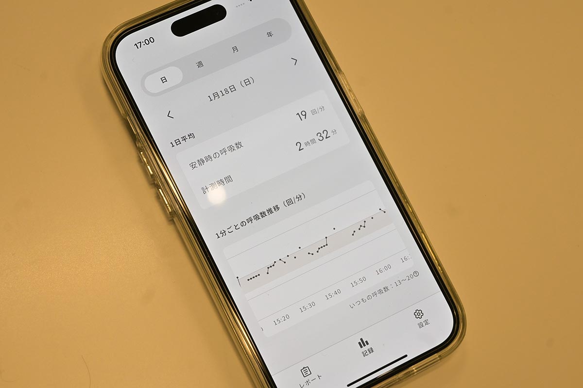 1日の呼吸変化はもちろん、週/月/年単位でグラフ表示できる