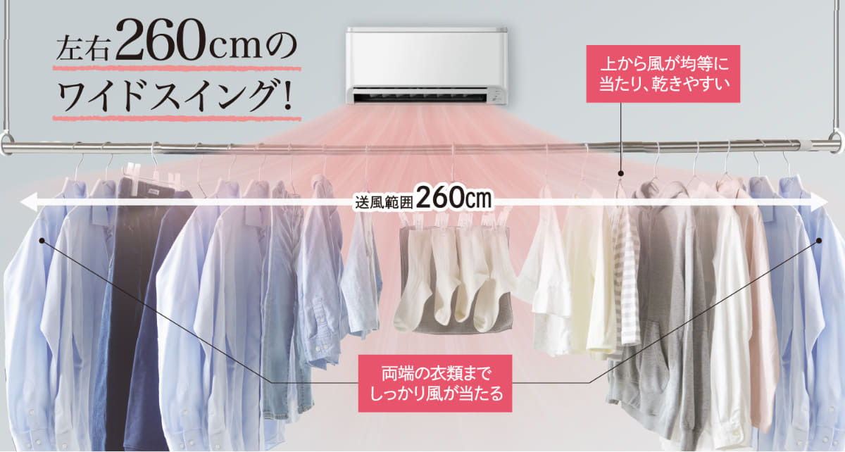 広範囲を乾かせるワイド送風