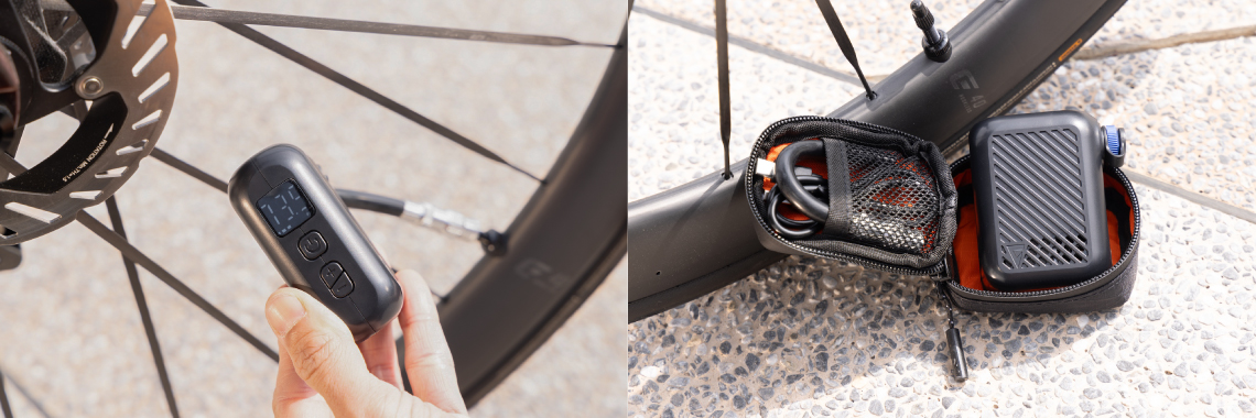 充填空気圧は0.05BAR/0.5PSI単位で指定できる。持ち運びに便利なソフトケース、TPUチューブ対応用延長ホース、充電ケーブルが付属が付属