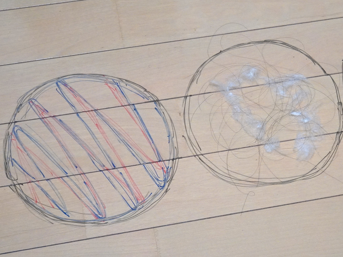 水性マーカーで描いた円に異なる汚れを配置。左は3色の水性マーカー汚れ、右は長さ2～3cmの犬毛と20～30cmのロングヘア40本