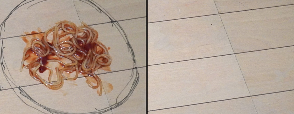 写真左が掃除前、右が掃除後。油まみれのナポリタンを落としてしまった床もしっかりサラサラに