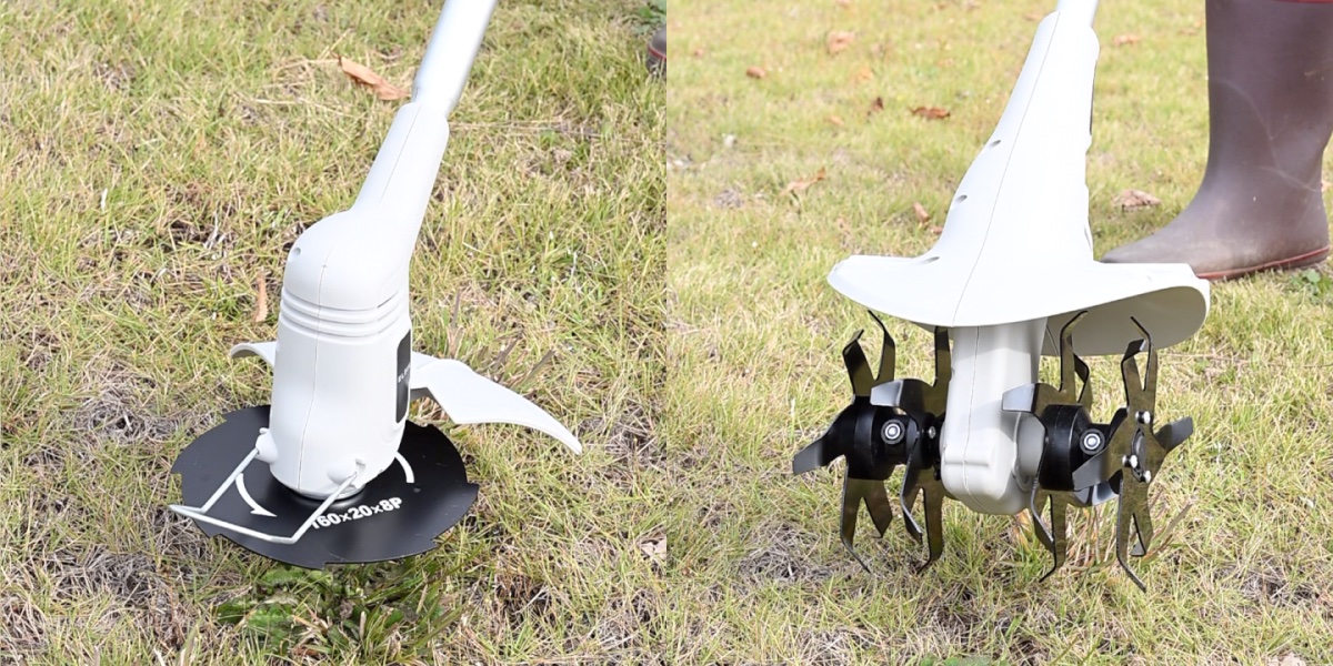 先端アタッチメントを付け替えて、草刈りと耕うんができる