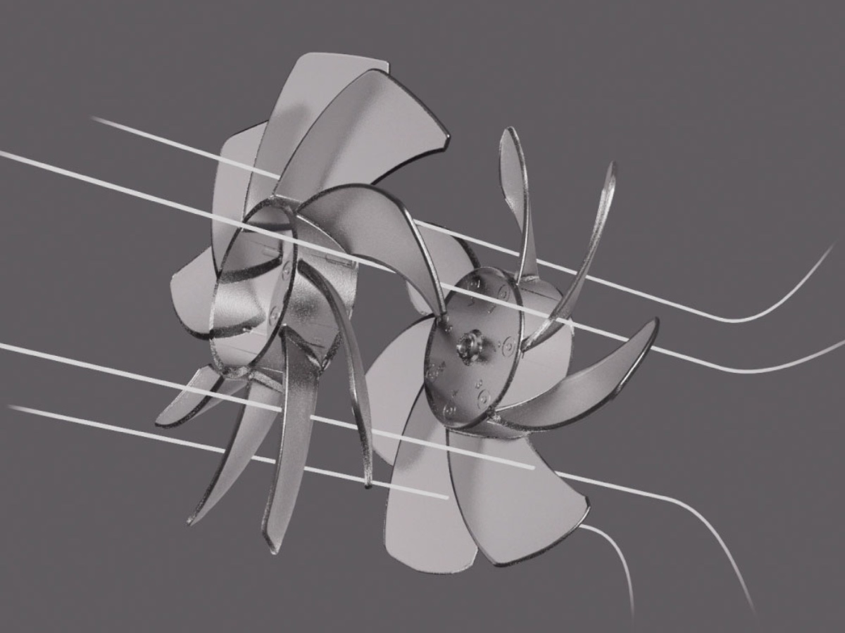 後ろの羽根で空気を集め、前の羽根で筒状の風を届ける2重反転ファンを採用