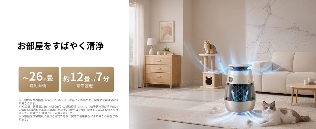 360度吸引構造を採用。約12畳の空間を約7分で清浄
