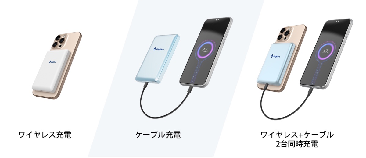 ワイヤレス充電/ケーブル充電/ワイヤレス+ケーブル充電が可能