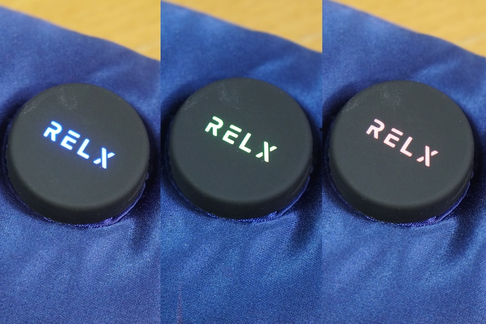 電源ボタンを押すたびに温度設定が低温(約35℃/青)→中温(約44℃/緑)→高温(約48℃/赤)に切り替わる