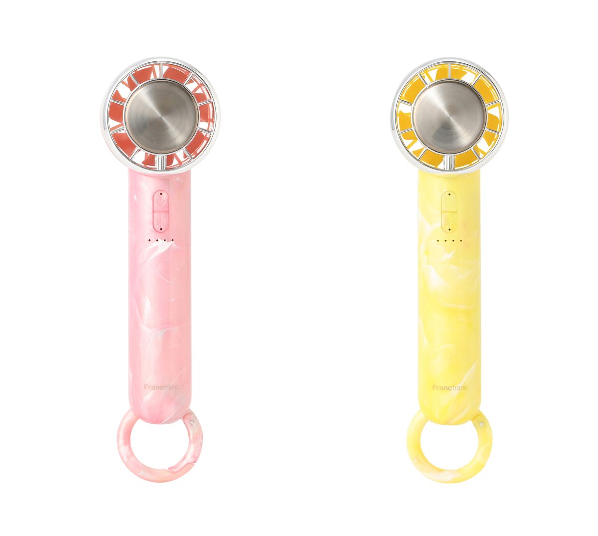 フレ アイスプレート ハンディファン シアーマーブル ピンク、イエロー(各3,480円)