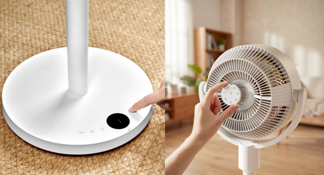 風量や電池残量を確認できるディスプレイを備えるほか、リモコンは本体背面に磁石で吸着する