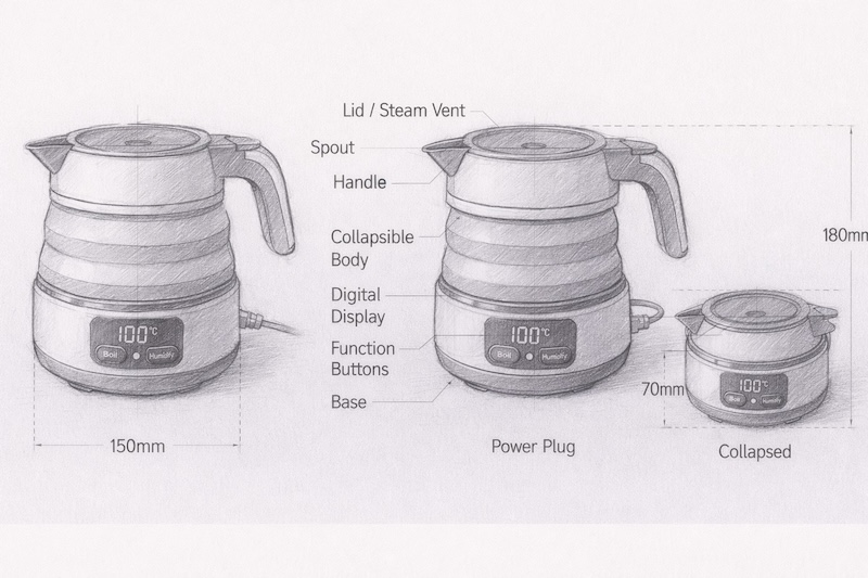 蛇腹式で携帯性を高めた製品のスケッチ(ChatGPT作成)