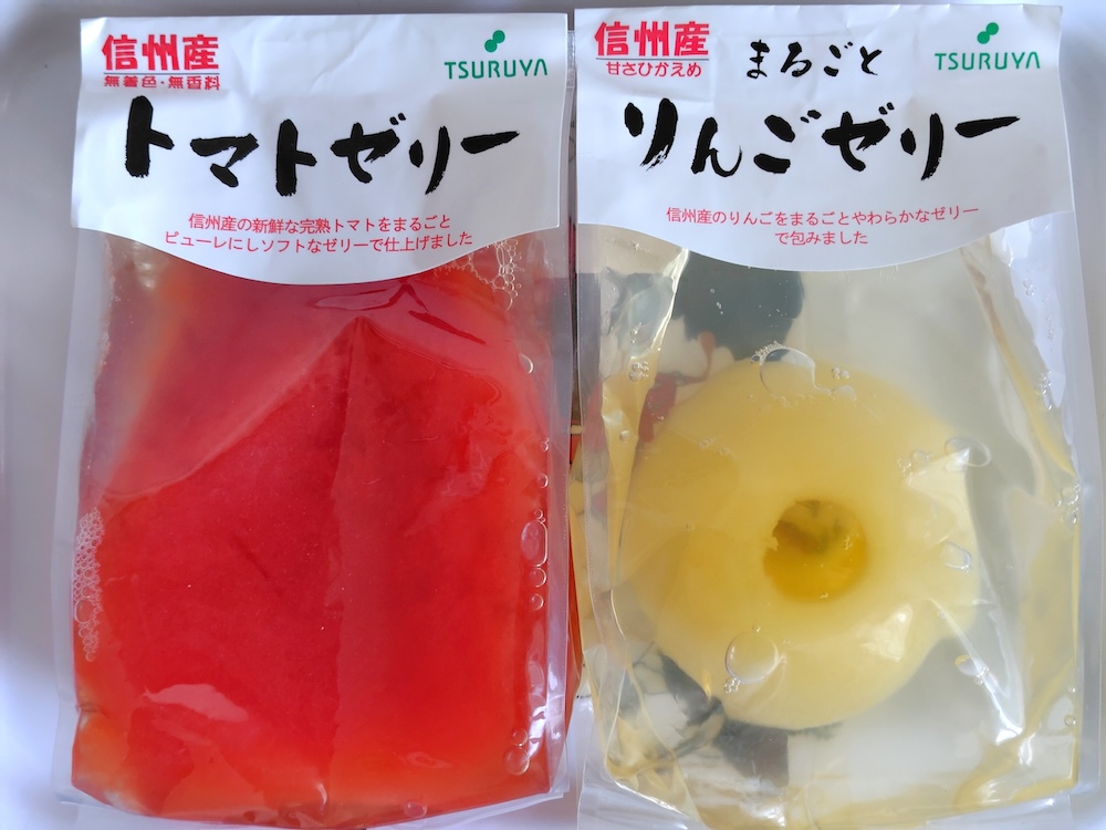 ツルヤオリジナル商品「まるごとりんごゼリー・トマトゼリー」