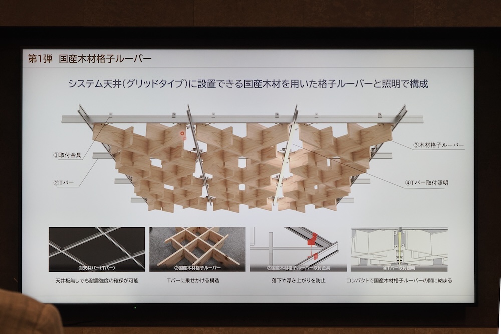 システム天井に対応した照明と組み合わせて使用する「国産木材格子ルーバー」の本体構造