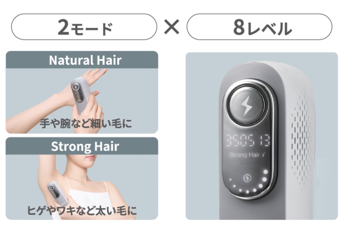 2つのモードと8段階の出力で、さまざまなムダ毛ケアが可能