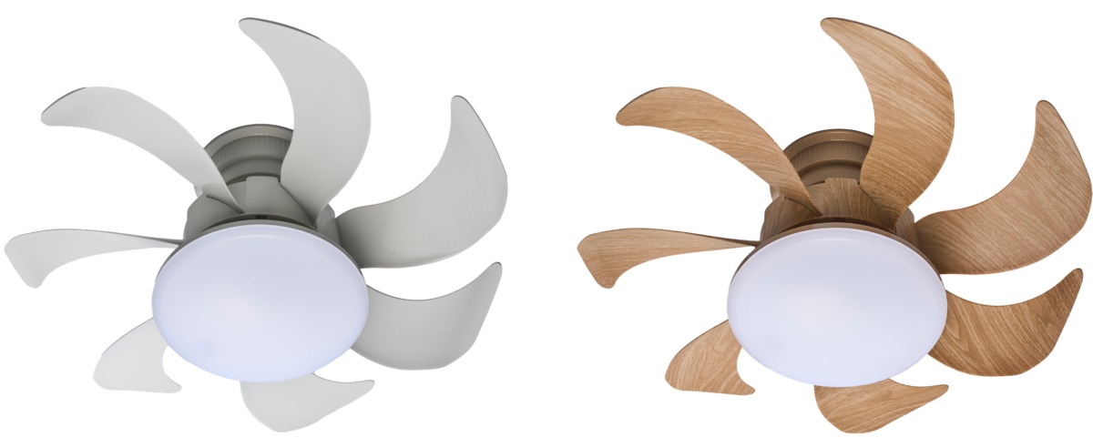 「サーキュライト ウイング」。8畳用のホワイト(左)とライトウッド(右)