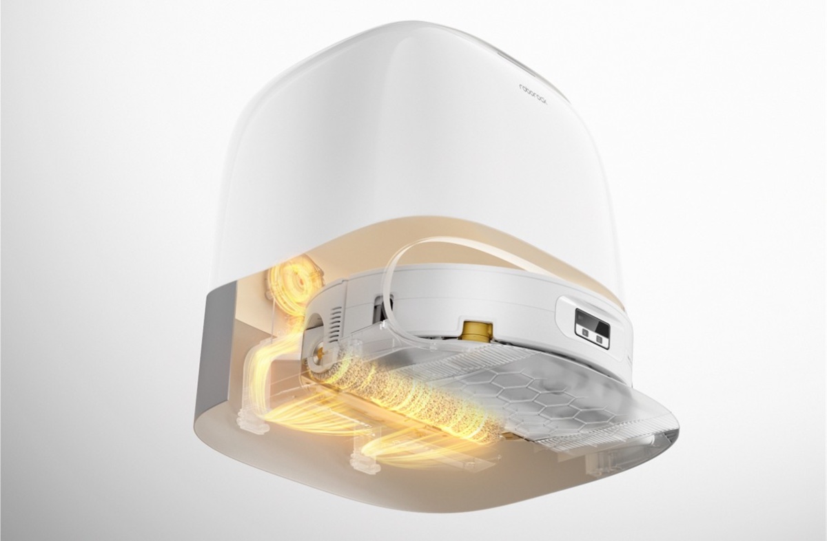 充電ドックでローラーの自動洗浄と温風乾燥、自動ゴミ収集を行なう