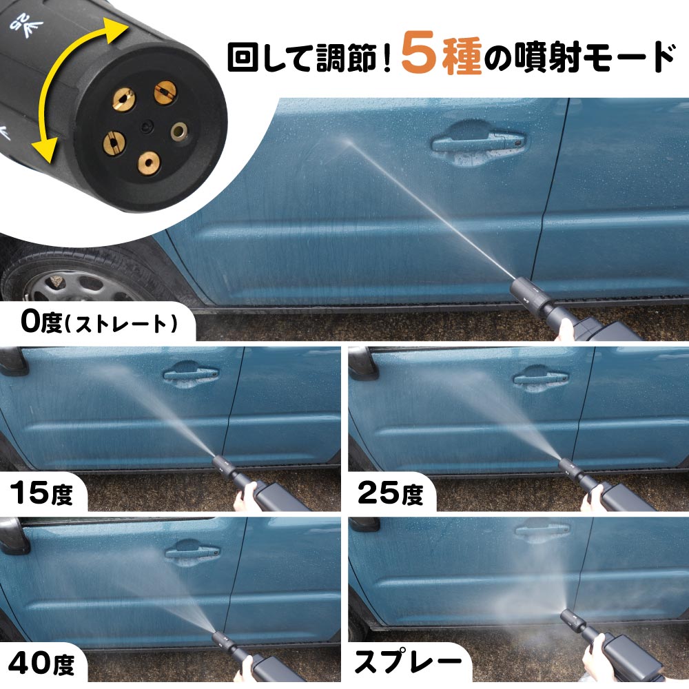 ノズル先端を回せば、噴射モードを切り替えられる