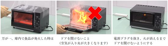 庫内で発火した場合はプラグを抜き火が消えるまで扉を開けない