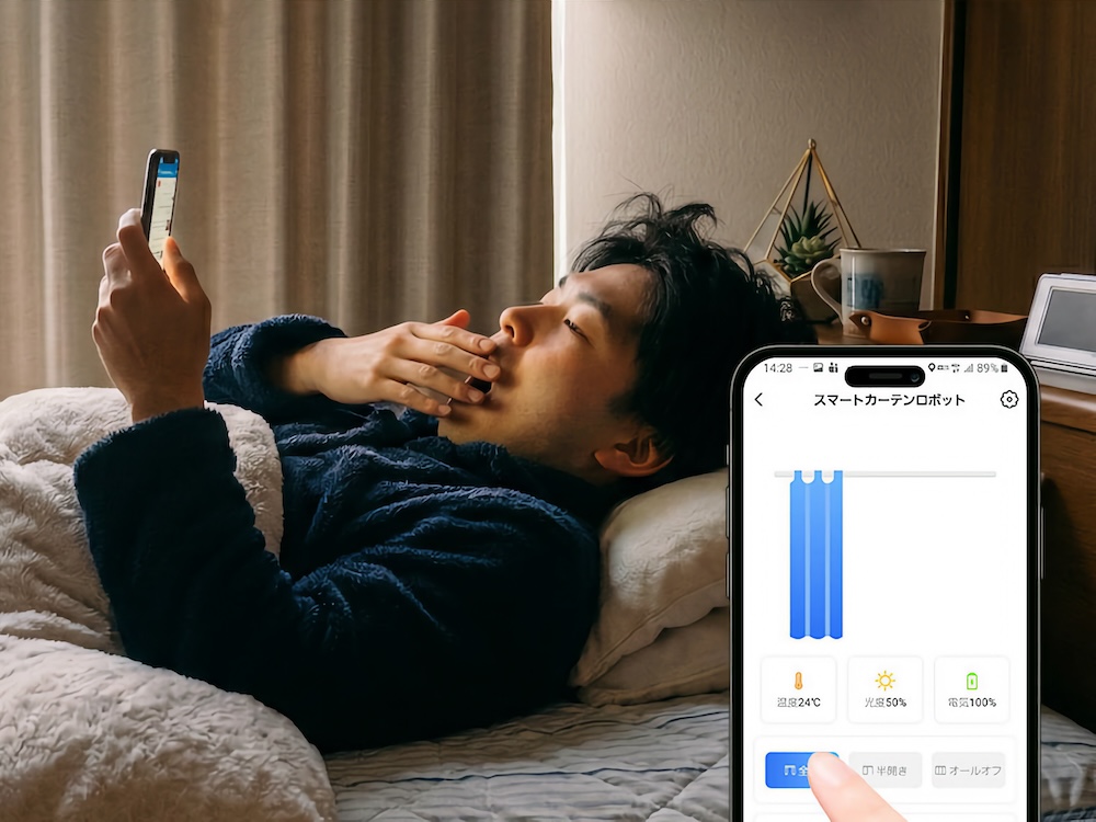 手元のスマホからカーテンの開閉操作が可能