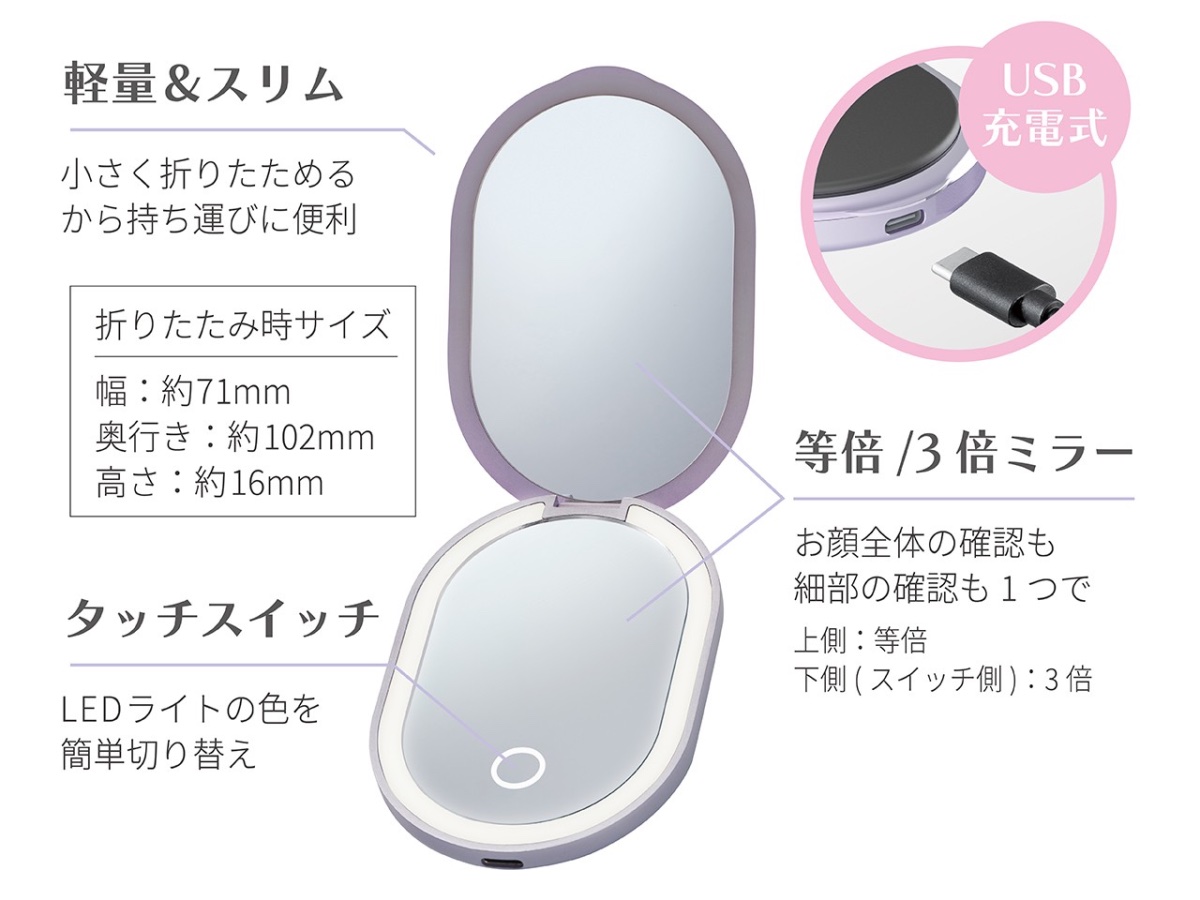 顔を明るく照らす折りたたみ式のLEDミラー