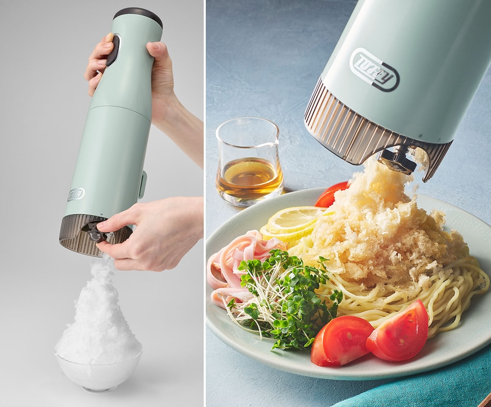 ハンディで使う場合は上下左右の制限がなく、背の高いかき氷を作ったり、料理の仕上げに直接削りかけたりできる