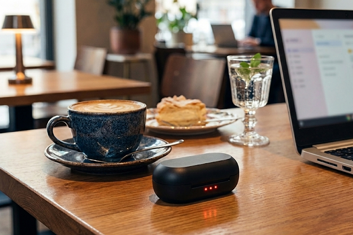 イヤフォンケースのような専用ケース。自転車を降りたあとの休憩時間にスマートに充電できる