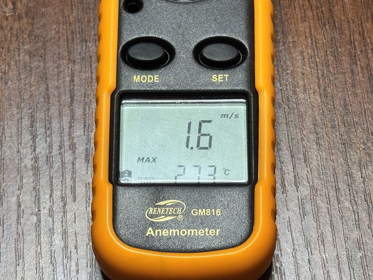 簡易な風速計で、ファンの約1m下で風速を計ってみたところ、風力4で0.8m/s、風力7で1.6m/sだった