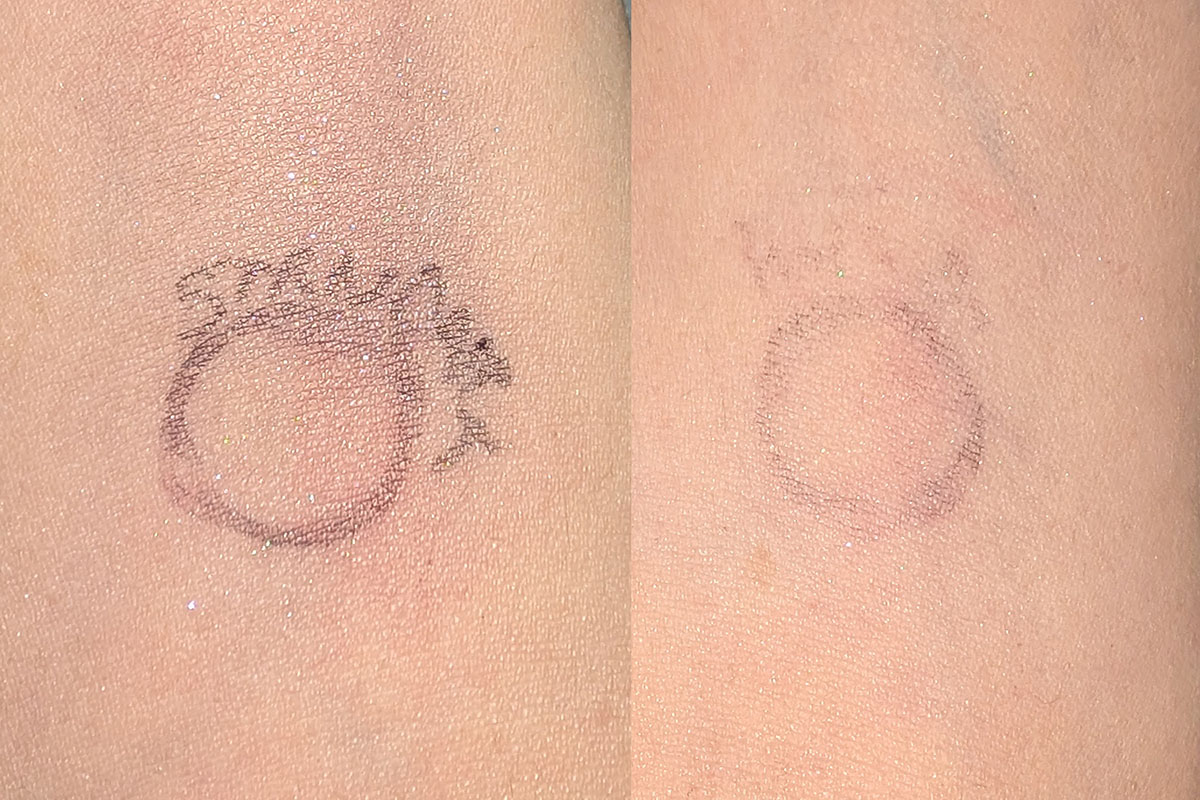 写真ではわかりにくいですが、通常のシャワーで洗った腕は広い範囲で腕全体がキラキラ光を反射していました。口紅の色素が円の周辺までアザのようにやや暗い色で広がっています