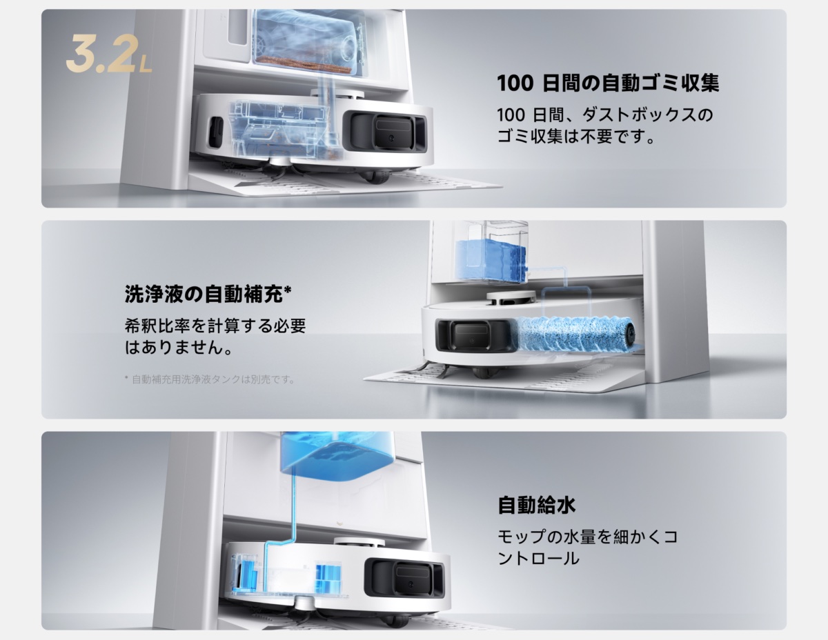 100日間ゴミ捨て不要。掃除機本体への給水も自動で行なう