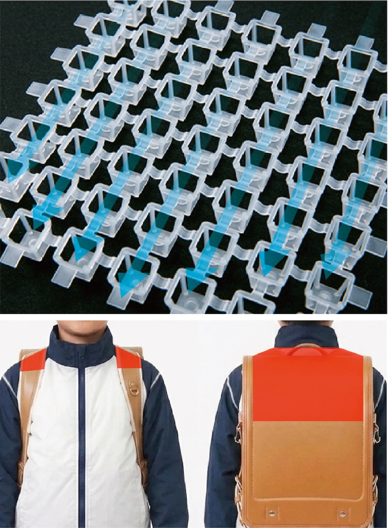 スーパースペーサー(3D立体メッシュ構造)により、ランドセルを背負った状態でも衣服内に風が通る