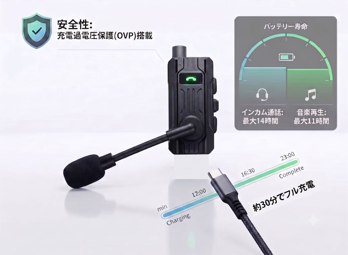 約30分で充電を完了できるクイックチャージ、故障を防ぐ過電圧保護機能を搭載