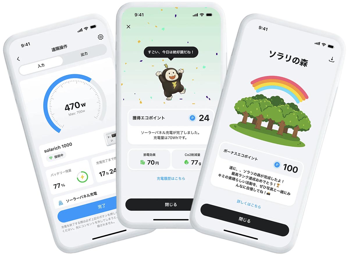 専用アプリ上でソーラーパネル充電を遠隔操作でき、充電状況や獲得ポイントの状況なども確認