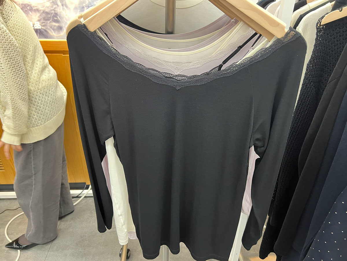 婦人 着るスキンケア レース付き バレエネック八分袖Tシャツ