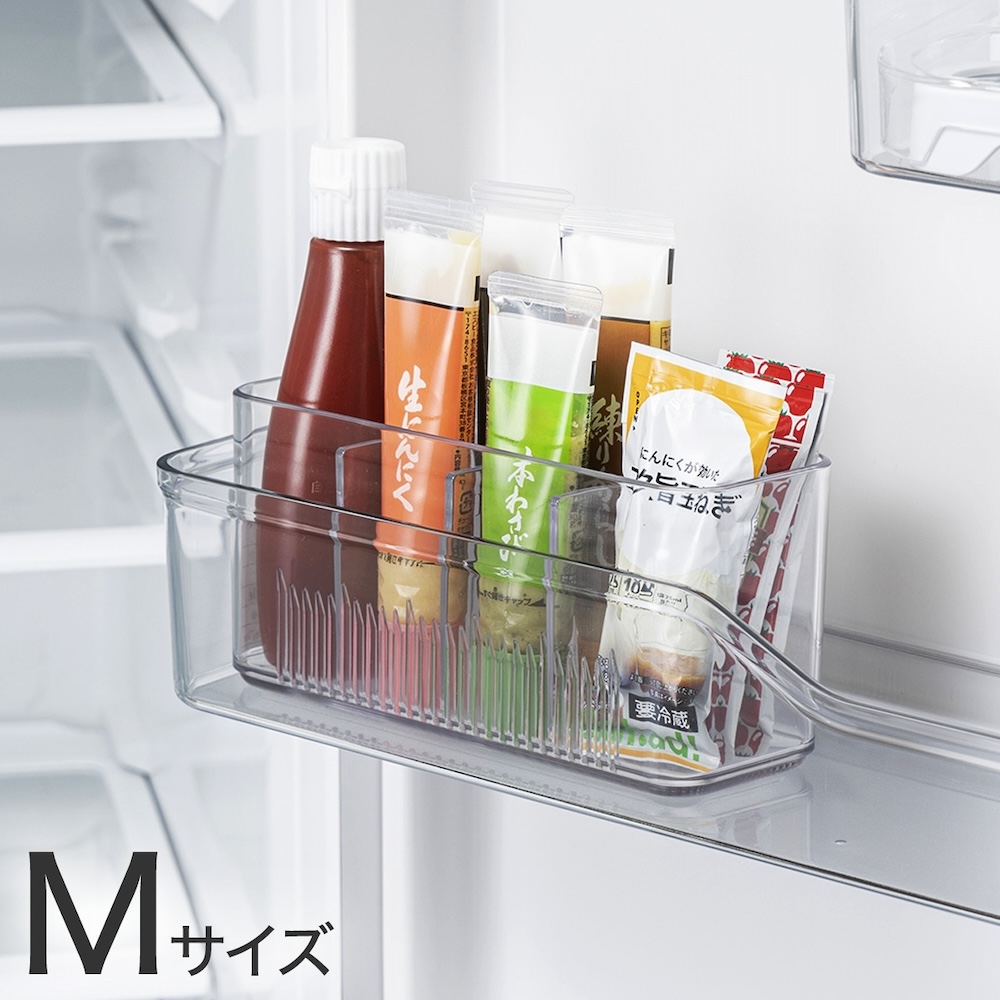 自立しにくいチューブ調味料などをまとめて収納しやすいMサイズ