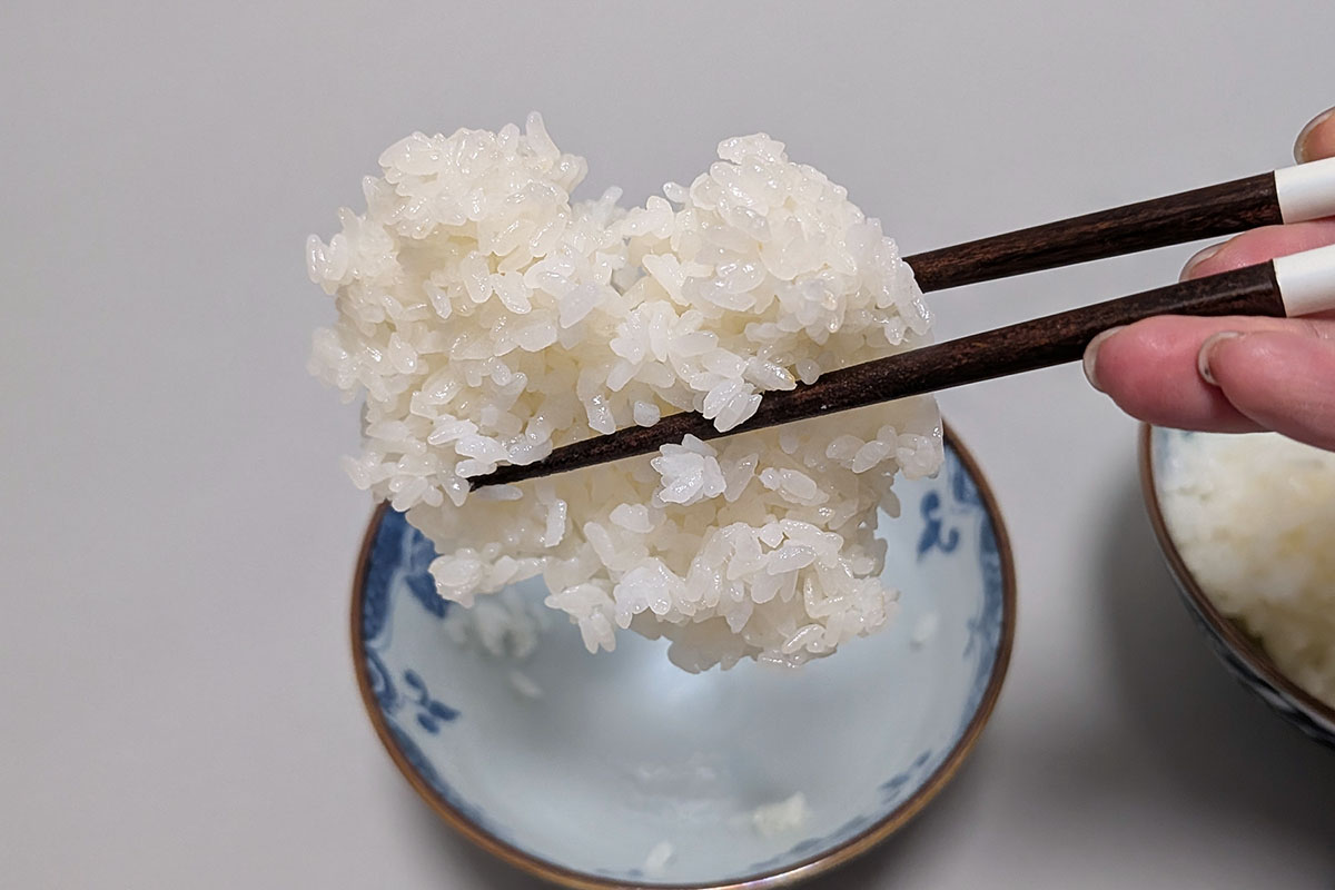 お椀によそって30分後のごはん。2万円前後の圧力IH炊飯器はお椀のごはんが塊になっていました