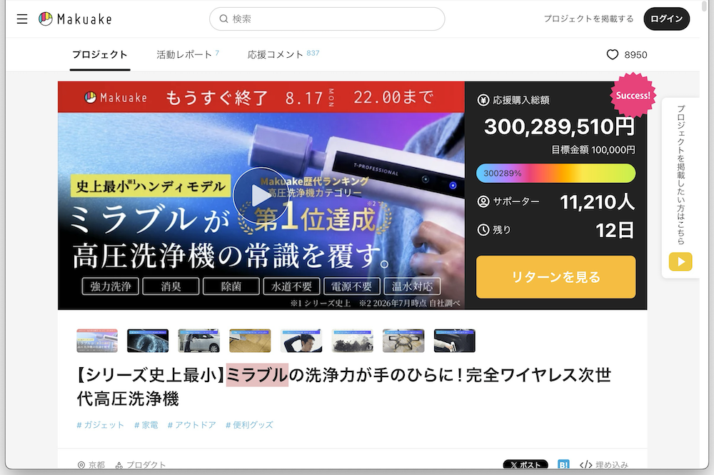 8月5日時点で応援購入総額が3億円を突破。記事掲載時点では4億円を超えている