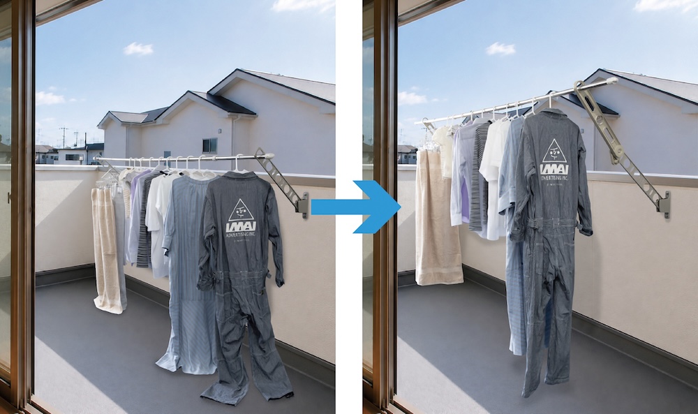 物干し竿の高さを上げられるため、丈の長い洗濯物でも、床に擦れることなく干せる