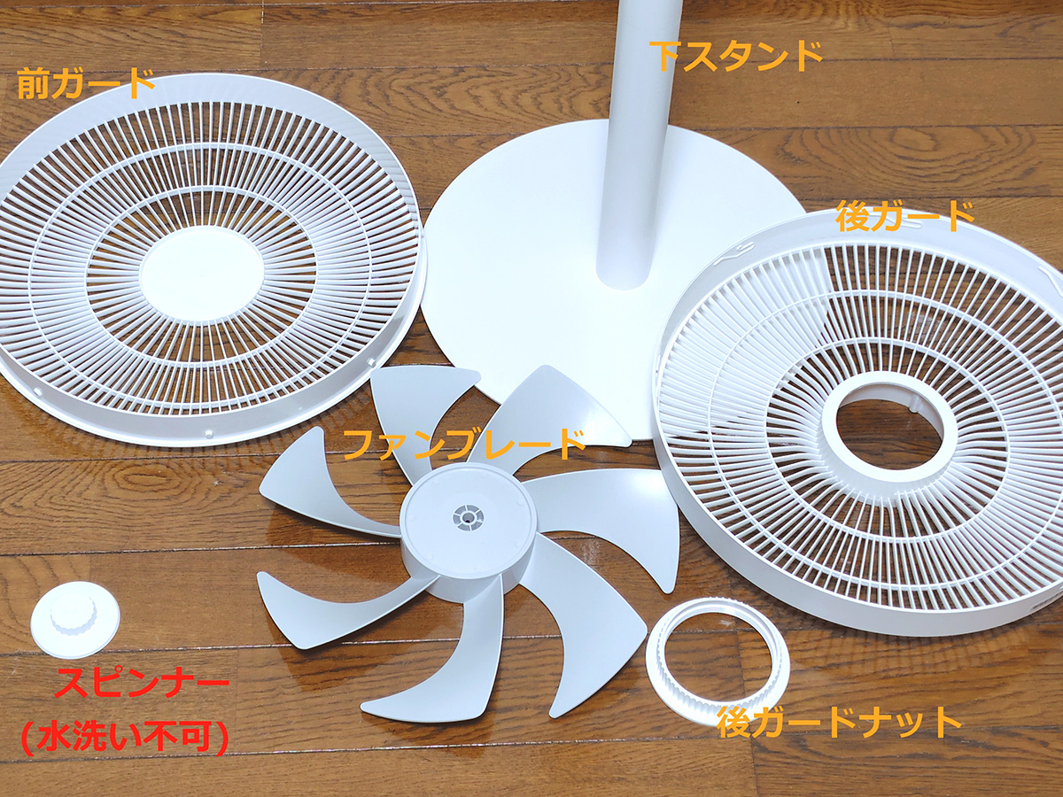 ファンヘッドアセンブリの構成パーツ(スピンナー除く)と下スタンドは水洗いできる