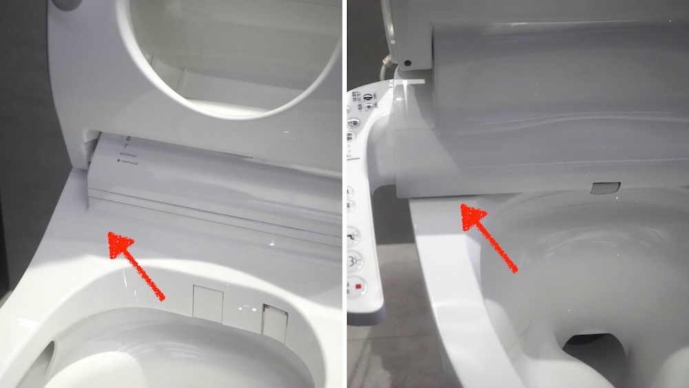 便器と便座の継ぎ目をなくしたスキマレス設計を採用(写真左)