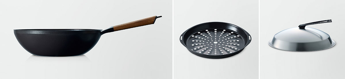 左から「VERMICULAR WOK」「VERMICULAR WOK STEAMER TRAY」「VERMICULAR WOK DOMED LID」