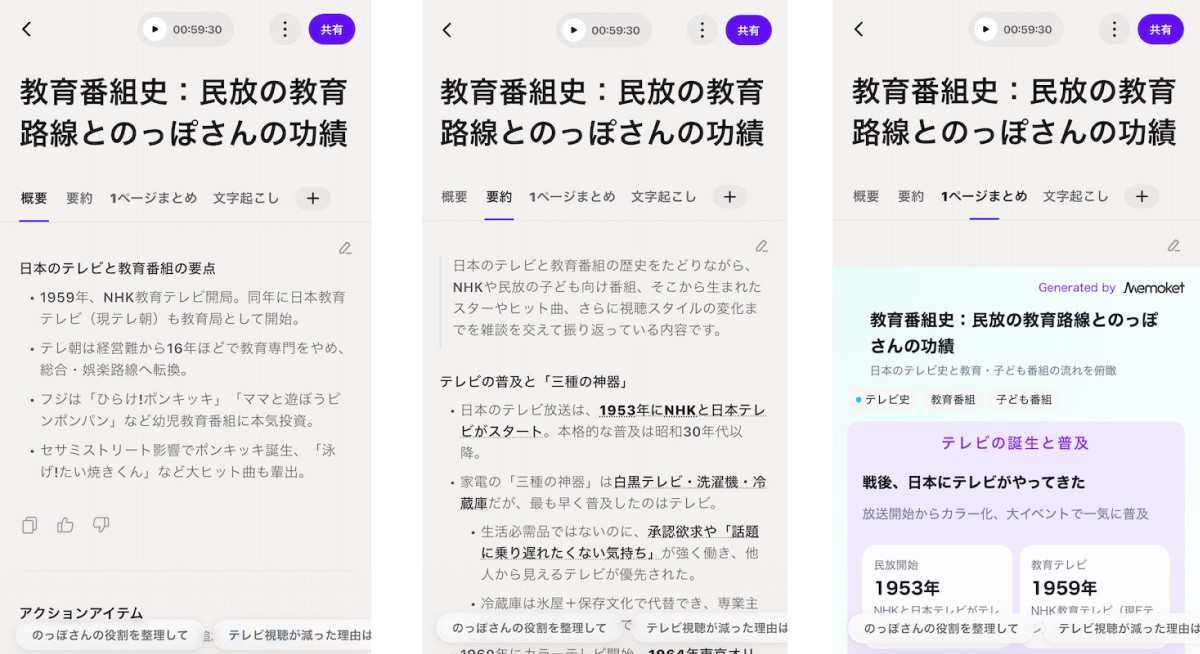 文字起こしデータのほか、「概要」「要約」「1ページまとめ」と最大3種類に整理され、目的用途に応じて使い分けられる