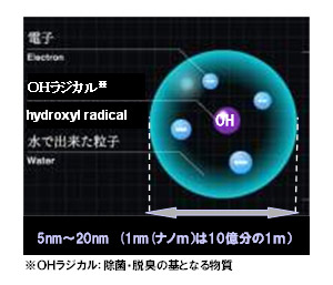 ナノイーイオンのイメージ。インフルエンザウイルスなどのウイルスをはじめ、菌やアレル物質、ニオイ成分を除去/抑制する効果があるとされる