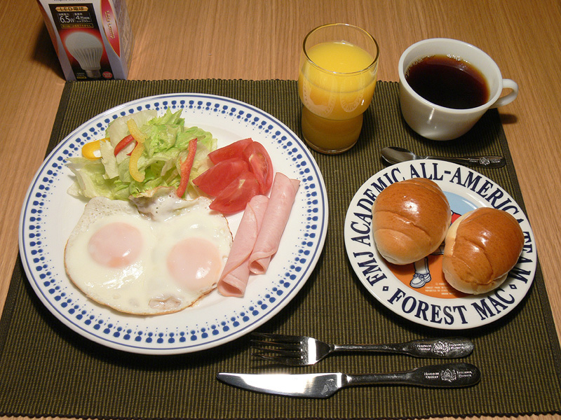 <font color="navy" size="2"><b>【日立LED：60W】</b><br>演色性が良く、食べ物が全ておいしそうに見える。色を気にするシーンでも十分に活用できるだろう。細かいことを言うと、皿の白い部分に赤っぽさは多少感じられるが、それ以外はまったく問題ない</font>