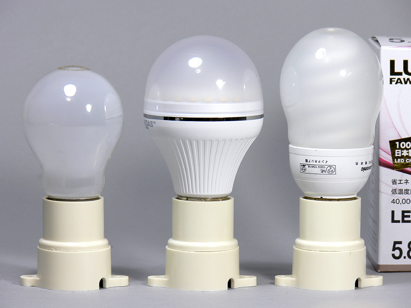 ルミダスの高さは109.5mm(中央)で、60Wタイプ白熱電球(左)と比べると15.5mm高い。光源部は大きめだが、ソケットにかけて細くくびれており、電球のフォルムに近い。白色の放熱部には浅いスジがある程度でアッサリした仕上げだ