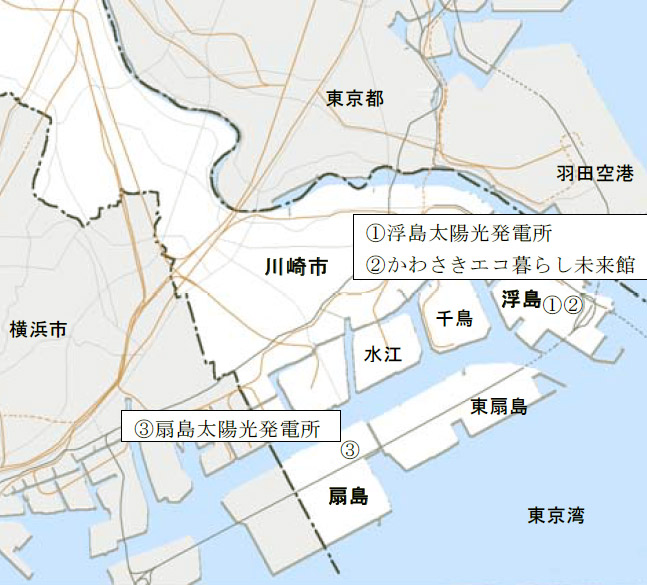 川崎市臨海部のメガソーラー配置