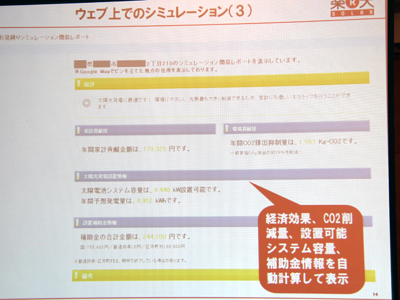 その後、経済効果や補助金情報などの簡単なレポートが表示される